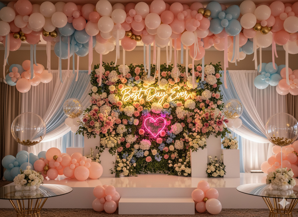 Photo zone with neon signs and floral arrangements